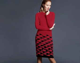 SEA AND SKY - Red illusion houndstooth knitted jacquard dress