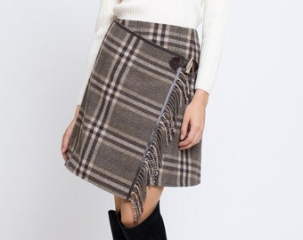 Check wool-blend mini skirt, plaid skirt with fringe, Isla skirt by Rumour London