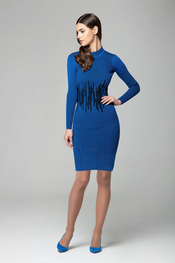 Blue Two-tone Ribbed Knit Dress With Waist Defining Detail / Tara Knitted  Dress / Merino Ribbed Knit Dress - Etsy