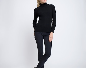 Black Merino Wool Ribbed Turtleneck Sweater , Women's Knitted Sweater , Fine wool Jumper MIA by Rumour London