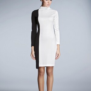 Block Monochrome Soft Jersey Jress with Asymmetric Hem , Long Sleeve Dress DAY&NIGHT by Rumour London image 2