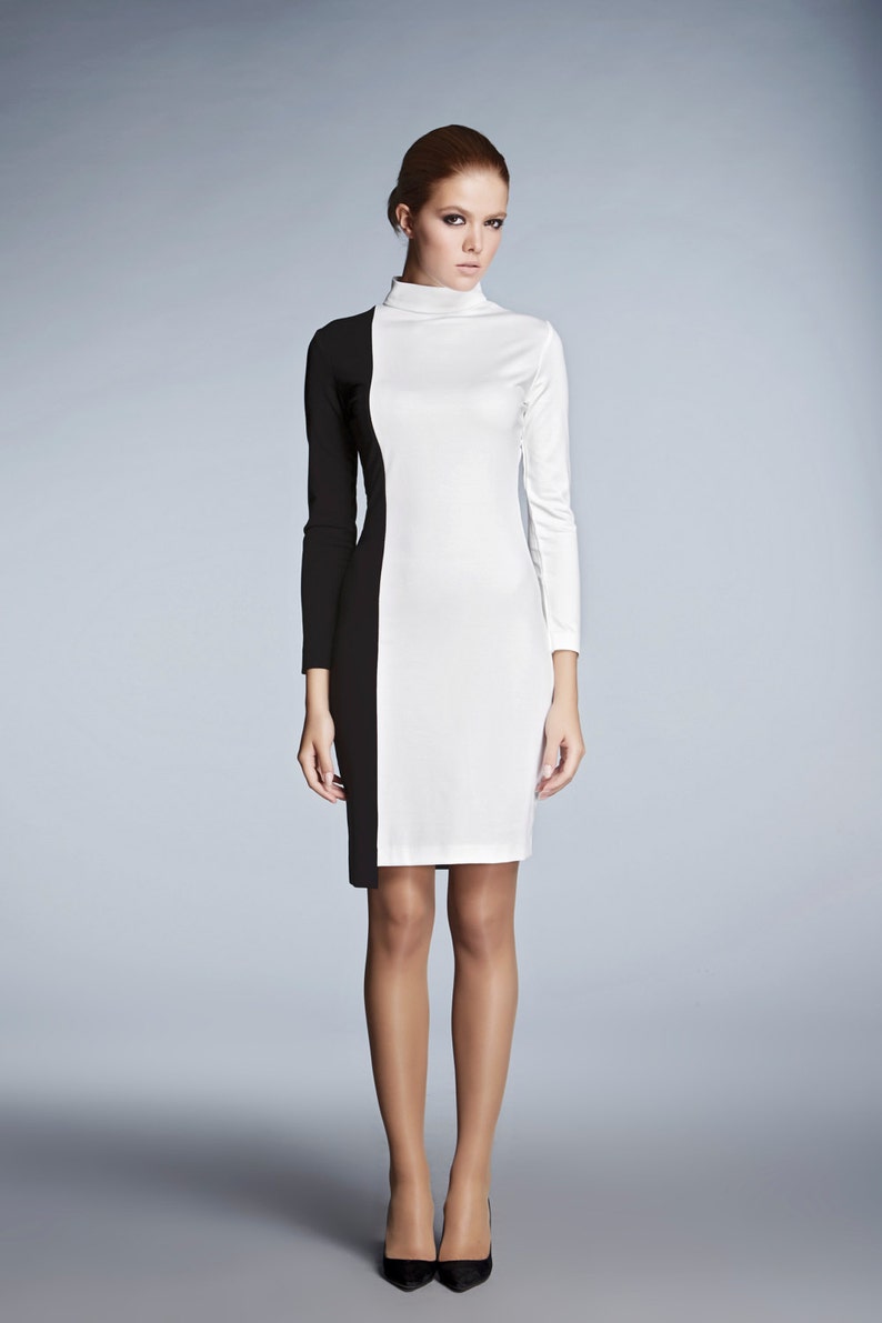 Block Monochrome Soft Jersey Jress with Asymmetric Hem , Long Sleeve Dress DAY&NIGHT by Rumour London image 2