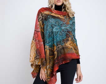 Luxury Printed Wool Shawl , Silk and Cashmere Blend Scarf by Rumour London