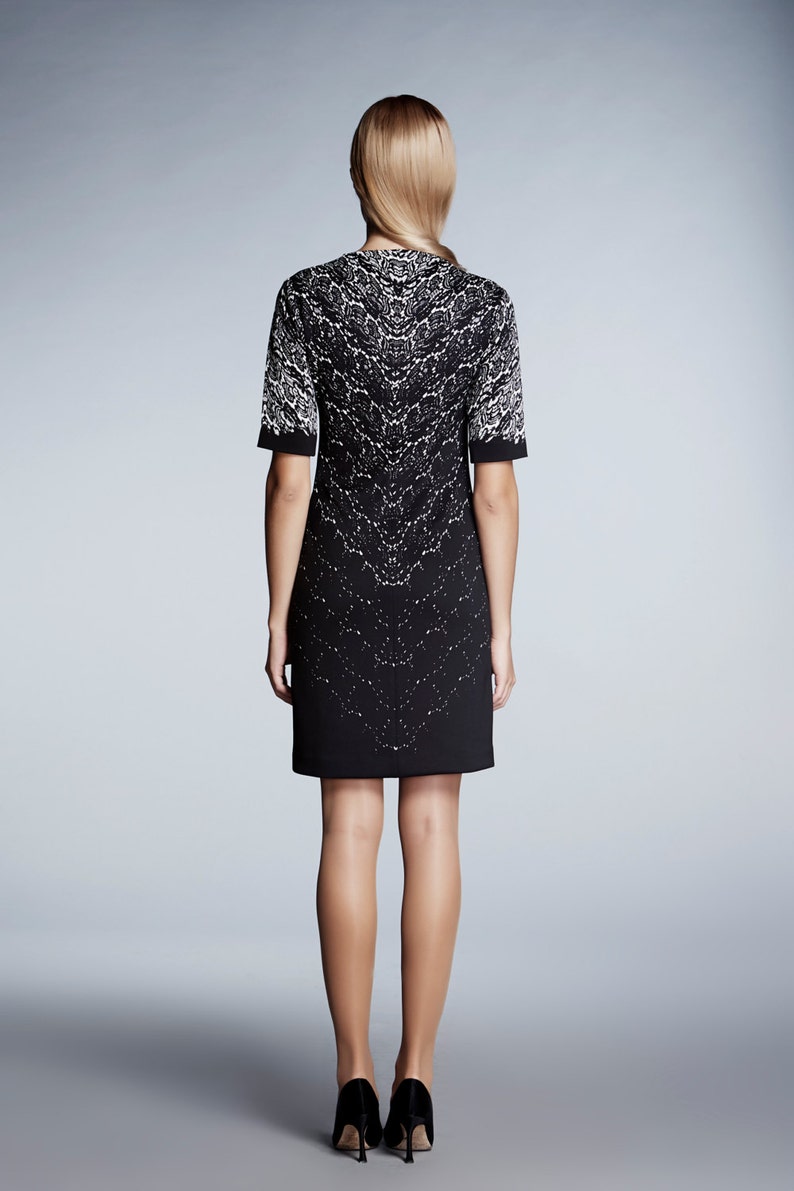 Printed Lace Monochrome Short Sleeves Fitted Dress by Rumour London image 4