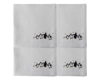 Set of 4 Embroidered Linen Napkins – Penguins / Table linen / Embroidered linen napkins