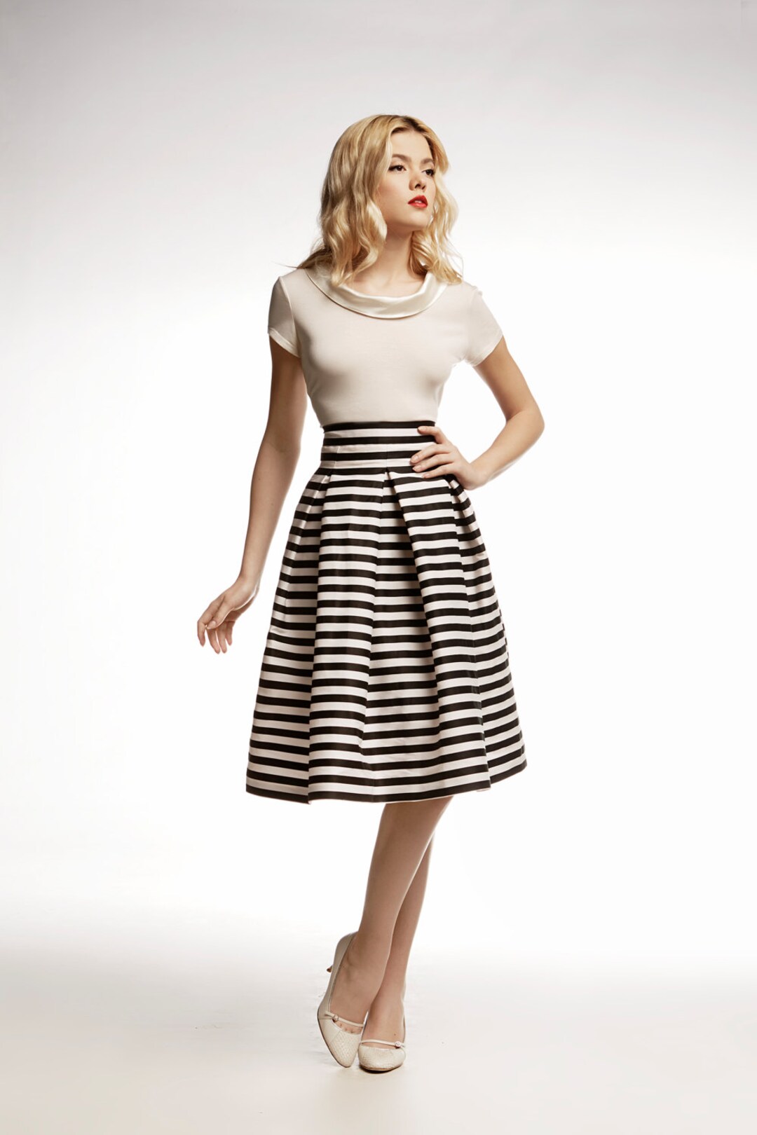 Midnight Striped Grey Flared Skirt