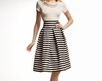 Striped Fit and Flare Midi Skirt , Nautical Stripes Summer Skirt AMALFI by Rumour London