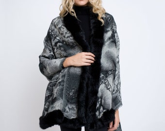 Jacquared Wool Shawl with Three-Side Fur Trim by Rumour London