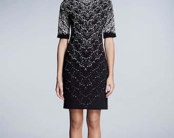 Printed Lace Monochrome Short Sleeves Fitted Dress  by Rumour London