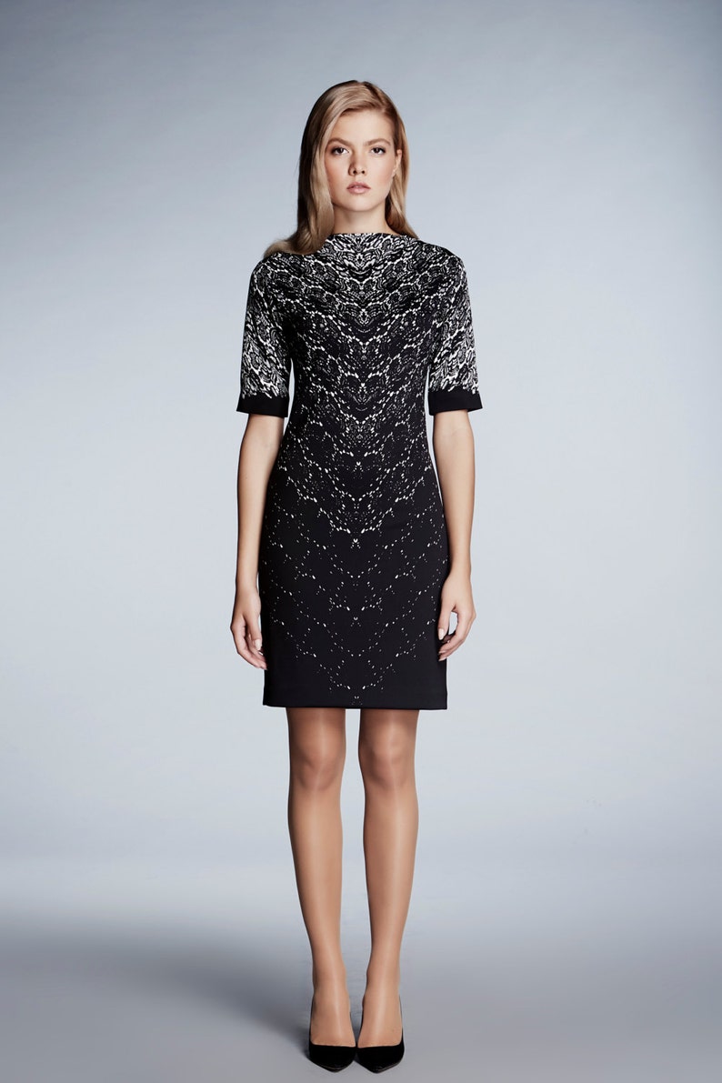 Printed Lace Monochrome Short Sleeves Fitted Dress by Rumour London image 1