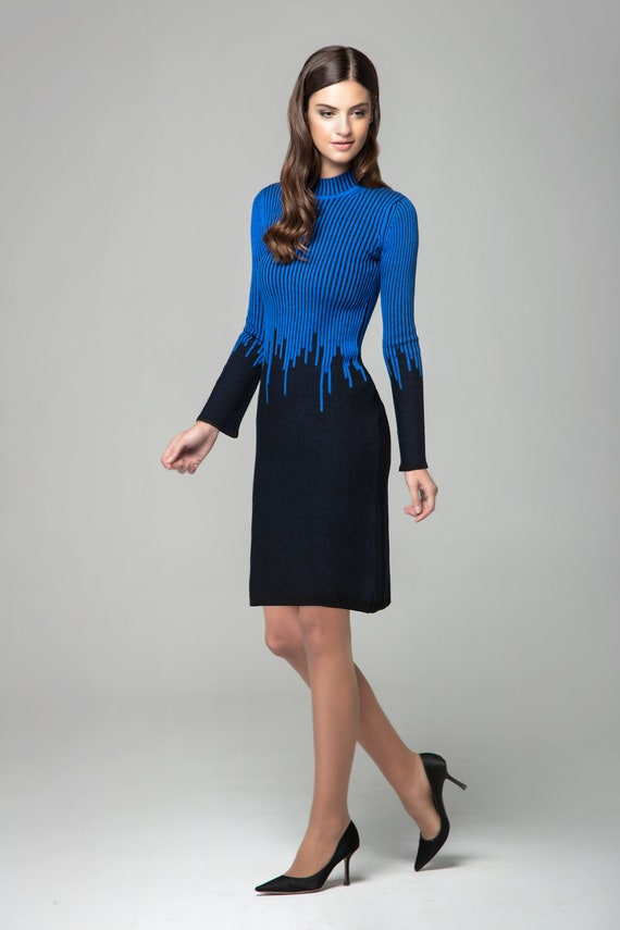 Blue Two-tone Ribbed Knit Dress With Rain Drop Effect and Bell Sleeves /  Talia Knitted Dress / Merino Ribbed Knit Dress - Etsy