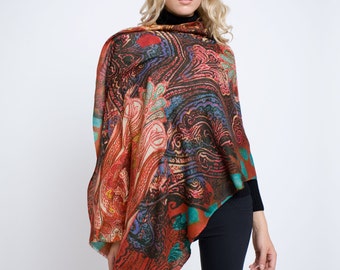 Luxury Printed Wool Silk and Cashmere Blend Scarf , Shawl by Rumour London