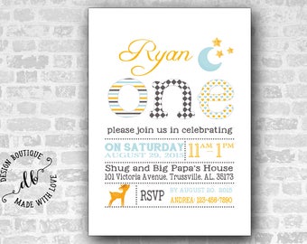 ONE Birthday Invitation, 5X7 Invitation card, First Birthday Invitation, Boy Invitation, DIY, Printable, Colorful, Blue & Yellow,