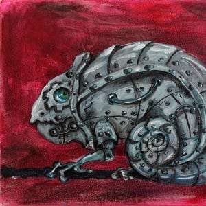 "Camaleón Steampunk" de NuNuel, pintura acrílica original coleccionable sobre cartón, arte, bellas artes, 35,5 x 25,4 cm
