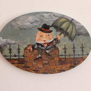 Alicia en el país de las maravillas de NuNuel pintura al óleo original coleccionable sobre lienzo, ovalada, HumptyDumpty, gótica, estirada, arte de pared de fantasía 8"x12"