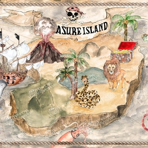 Carte d’île au trésor de pirate dessinée à la main à l’aquarelle, téléchargement instantané, affiche, bateau pirate, animaux nautiques, affiche, décoration murale, style vintage