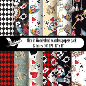 Seamless Patterns Alice in Wonderland Paper Pack Alice Digital Background Print Watercolor Wallpaper Tea Party Hand Drawn  Wrapping Papers