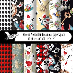 Seamless Patterns Alice in Wonderland Paper Pack Alice Digital Background Print Watercolor Wallpaper Tea Party Hand Drawn  Wrapping Papers