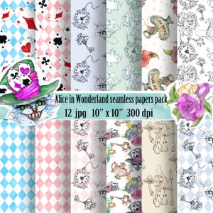 Seamless Patterns Alice in Wonderland Paper Pack Alice Digital Background Print Watercolor Wallpaper Mad Hatter  Hand Drawn  Wrapping Papers