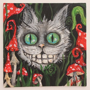 Gato de Cheshire" de NuNuel Pintura ORIGINAL da coleção "Alice no País das Maravilhas" acrílico sobre tela esticada em papelão Arte OOAK 8"x8"