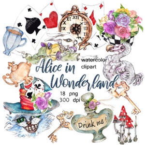 Alicja w Krainie Czarów Clipart postacie, słodkie naklejki planera ikony akwarela sztuka instant 18 png karty dodo cheshire biały królik róże