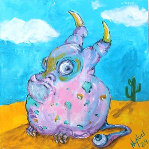 "Monstruo rosa" de NuNuel, pintura acrílica original coleccionable sobre lienzo estirada sobre cartón, caricatura espeluznante, divertida, arte de 12" x 12"