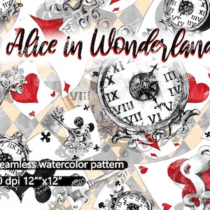 Modello senza cuciture Alice nel paese delle meraviglie Carta Ripeti Alice Sfondo digitale Stampa Carta da parati acquerello Cartoline stampate avvolgenti disegnate a mano