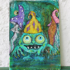 Swamp Monster" de NuNuel pintura original coleccionable de técnicas mixtas sobre cartón, amanitas, dibujos animados, divertidos, arte de setas 10"x14"
