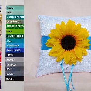 Sunflower Wedding Ring Pillow: Turquoise Sash, Lace & Satin