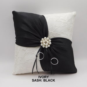 Black ring pillow, Wedding ring bearer pillow, Sash ring pillow, Wedding pillow, Lace ring pillow, Ivory pillow
