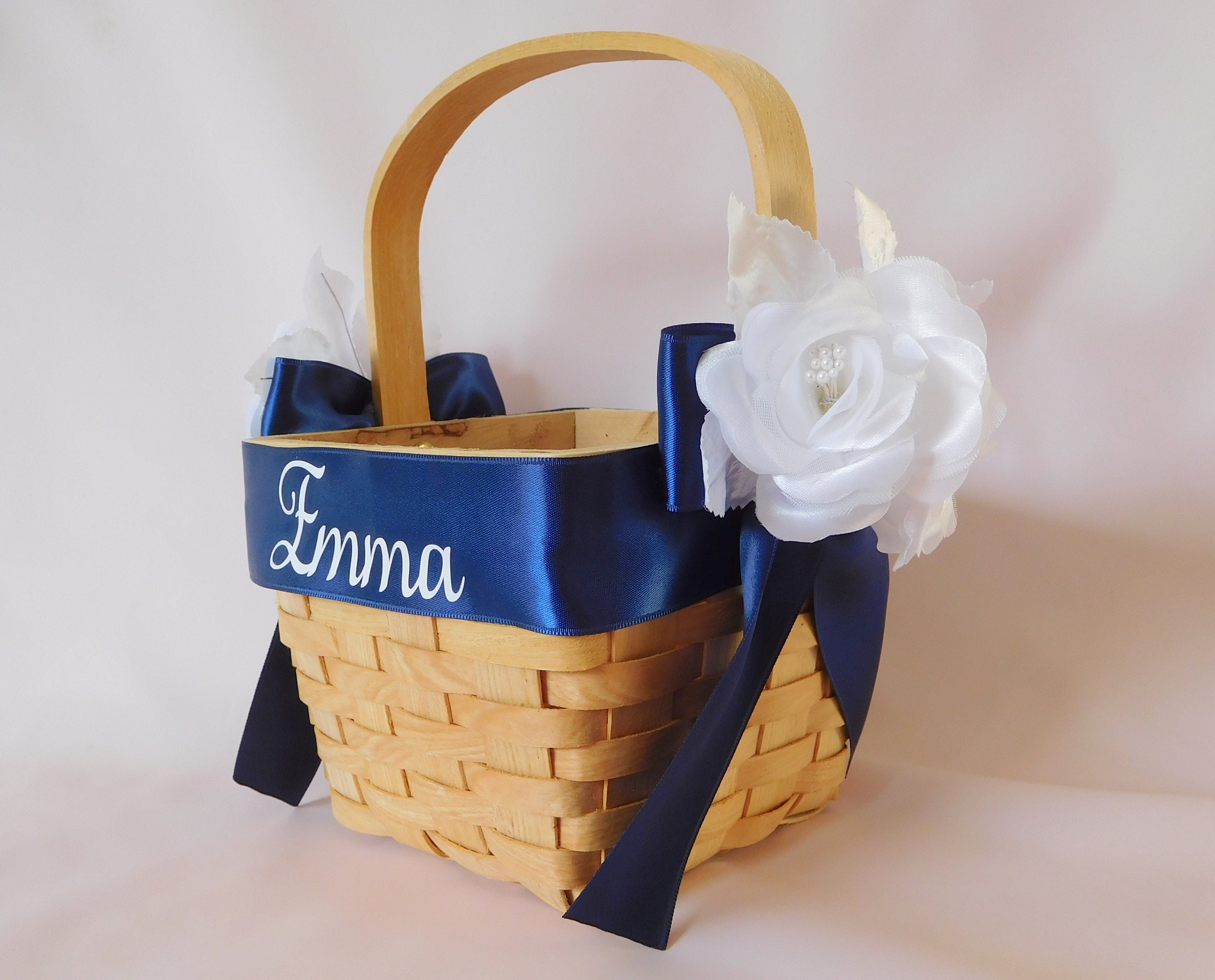 Navy and White Flower girl basket Personalized Flower girl Etsy