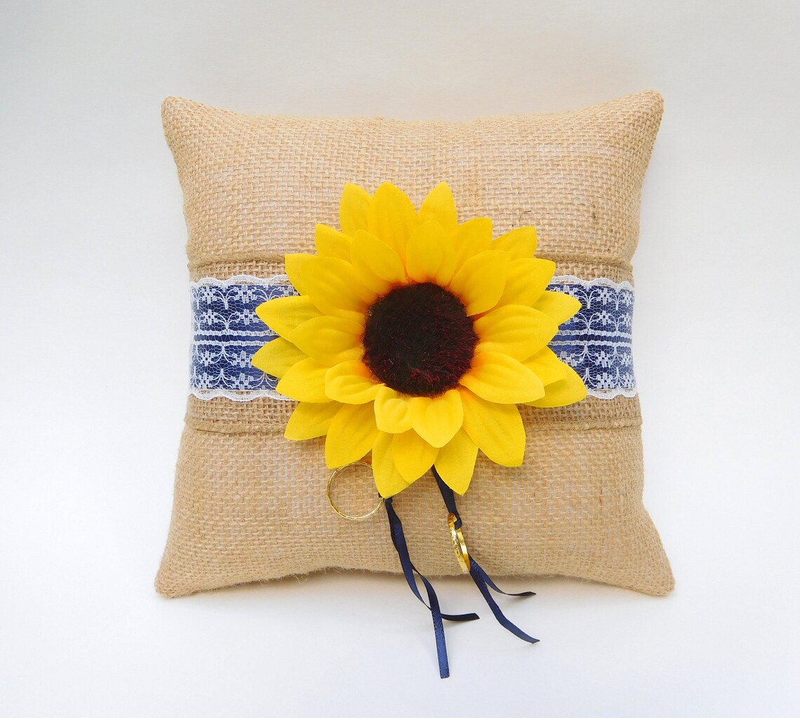 Sunflower ring bearer pillow Fall wedding Burlap and Navy