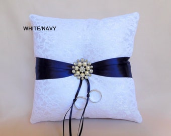 Navy blue ring bearer pillow, ring bearer pillow, Wedding pillow, Ivory ring pillow, Beach wedding, Lace ring pillow, 7&quot; pillow