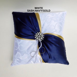 Navy and Gold ring bearer pillow, Lace ring pillow, Ivory ring pillow, Navy ring pillow, Sash ring pillow, Wedding ring pillow