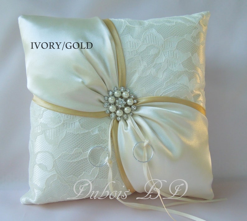 Ivory ring pillow Lilac ring pillow Sash ring pillow White and Gold ring bearer pillow Lace ring pillow Wedding ring pillow