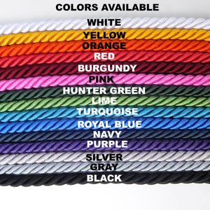 May include: A collection of 5/16 inch thick twisted rope cords arranged horizontally in various colors including white, yellow, orange, red, burgundy, pink, hunter green, lime, turquoise, royal blue, navy, purple, silver, gray, and black.