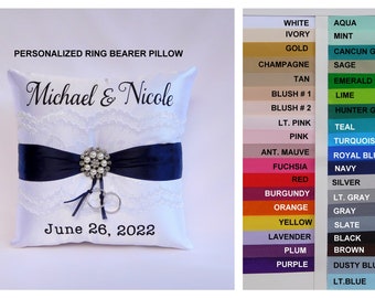 Personalized ring bearer pillow, Wedding ring bearer pillow, Lace ring pillow, Ring boy pillow, Wedding pillow, White and Navy ring pillow