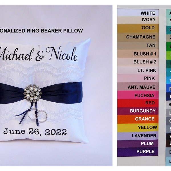 Personalized ring bearer pillow, Wedding ring bearer pillow, Lace ring pillow, Ring boy pillow, Wedding pillow, White and Navy ring pillow