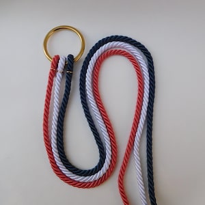 Puede incluir: Un anillo de metal dorado unido a tres cuerdas trenzadas en rojo, blanco y azul marino. Las cuerdas están pasadas a través del anillo, creando un diseño de cordón largo y colgante con un acabado liso y pulido en la pieza metálica circular.