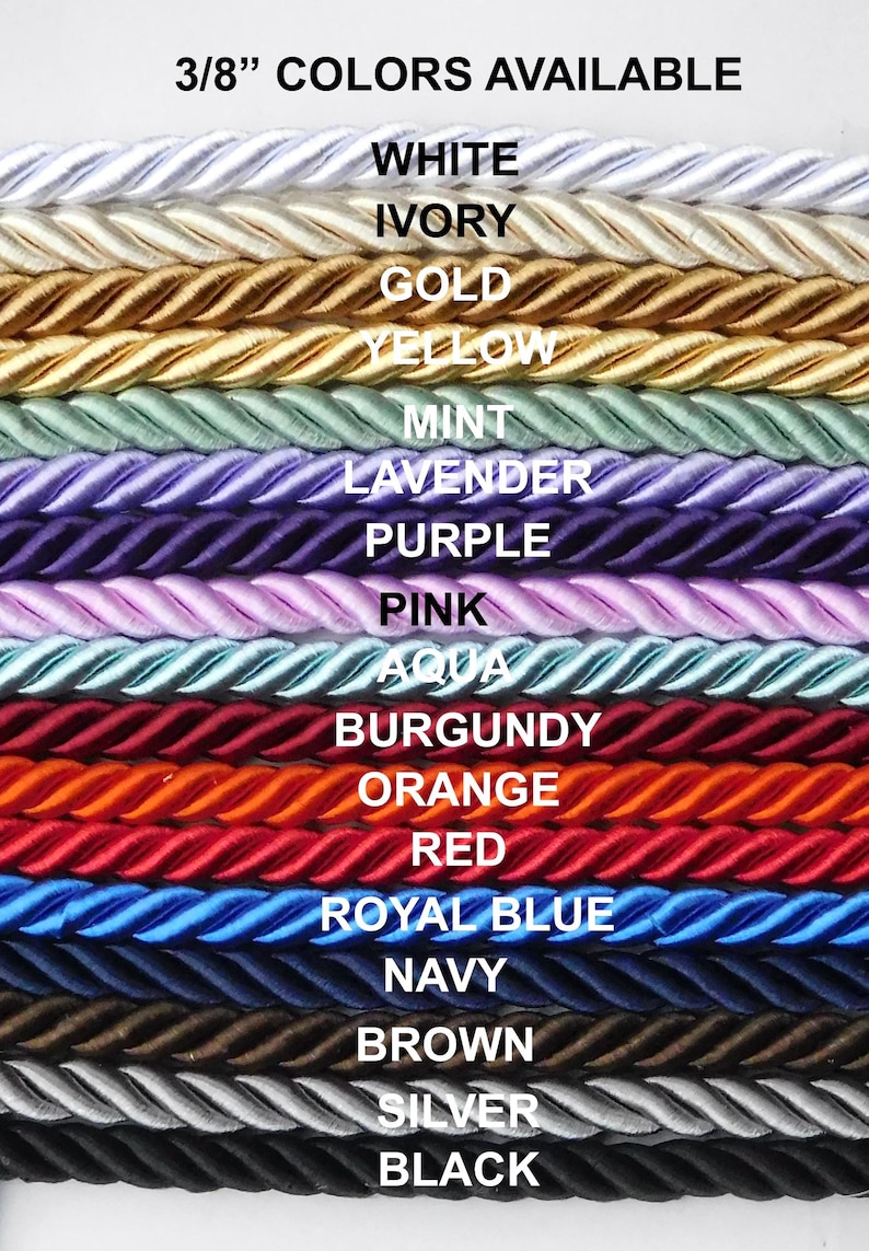May include: A collection of 3/8 inch twisted rope cords arranged horizontally in various colors including white, ivory, gold, yellow, mint, lavender, purple, pink, aqua, burgundy, orange, red, royal blue, navy, brown, silver, and black.