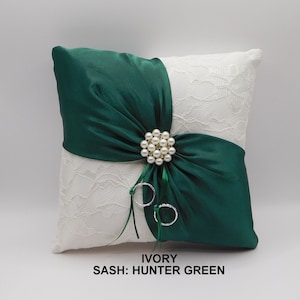 Handmade Ivory Lace Wedding Ring Bearer Pillow with Hunter Green Sash