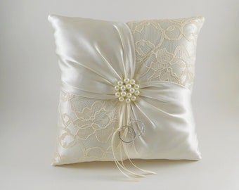 Wedding ring bearer pillow, Ivory ring bearer pillow, Lace ring pillow, Ring boy pillow, Sash ring pillow, Wedding pillow