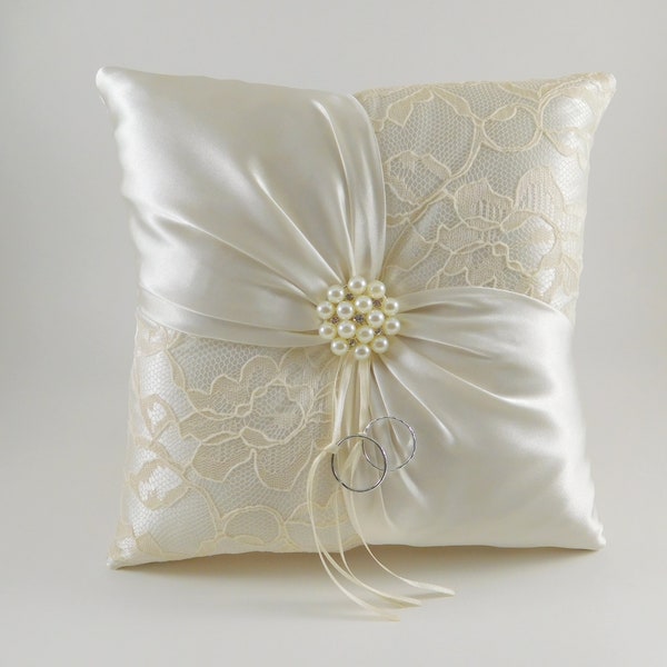 Wedding ring bearer pillow, Ivory ring bearer pillow, Lace ring pillow, Ring boy pillow, Sash ring pillow, Wedding pillow