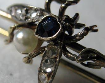 Victorian Solid Gold, Diamond(s), Sapphire & South Sea Pearl Fly Pin Brooch