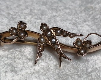 Vintage 9ct Gold and Seed Pearl Swallow Brooch