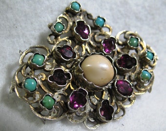 Austro-Hungarian Solid Silver, Pearl, Turquoise & Garnet or Amethyst Brooch Circ 1890's