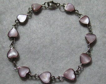 Vintage Sterling Silver & Pink Opal or MOP Hearts Bracelet