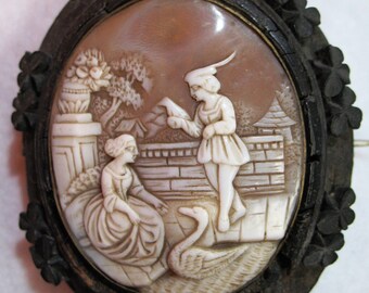 Antique Shell Cameo Mounted in Pinchbeck? & Encased in a Bog Wood Brooch