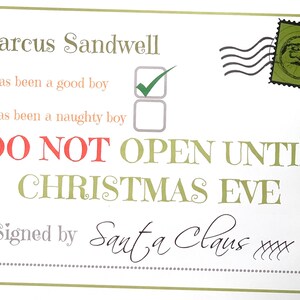 May include: A Christmas-themed letter addressed to Marcus Sandwell, with text indicating he has been a good boy. The letter includes a check mark, a Santa Claus stamp, and the message "DO NOT OPEN UNTIL CHRISTMAS EVE."