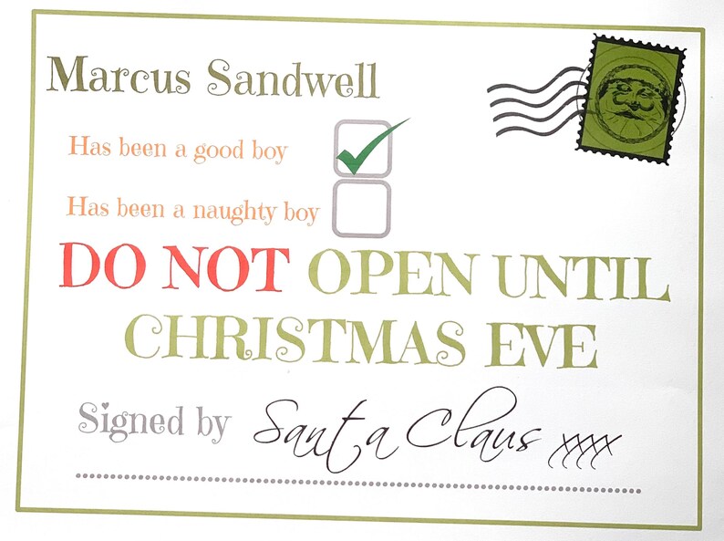 May include: A Christmas-themed letter addressed to Marcus Sandwell, with text indicating he has been a good boy. The letter includes a check mark, a Santa Claus stamp, and the message "DO NOT OPEN UNTIL CHRISTMAS EVE."